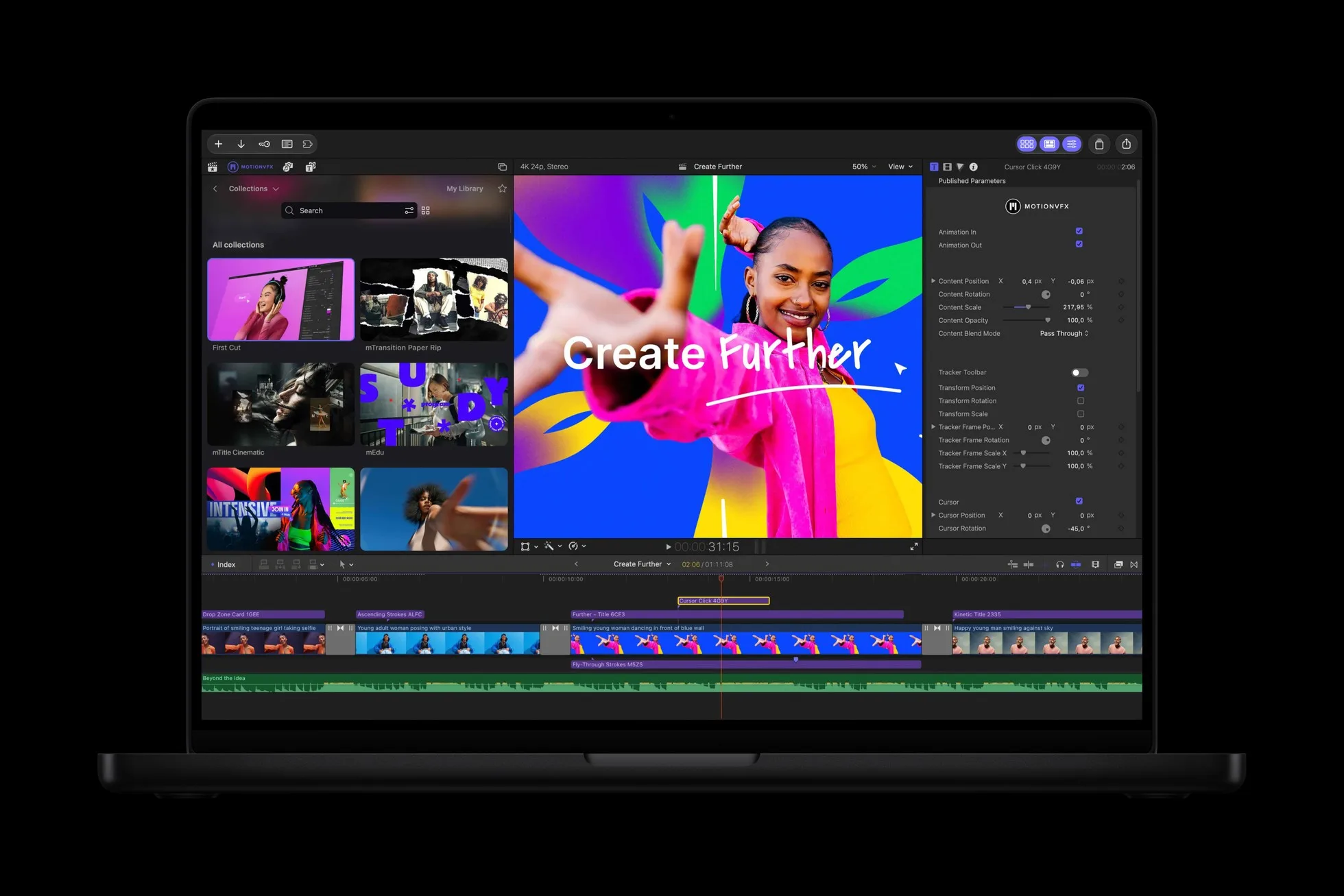 Final Cut Pro con los efectos y plantillas de MotionVFX en un MacBook Pro, novedad de Apple Creator Studio