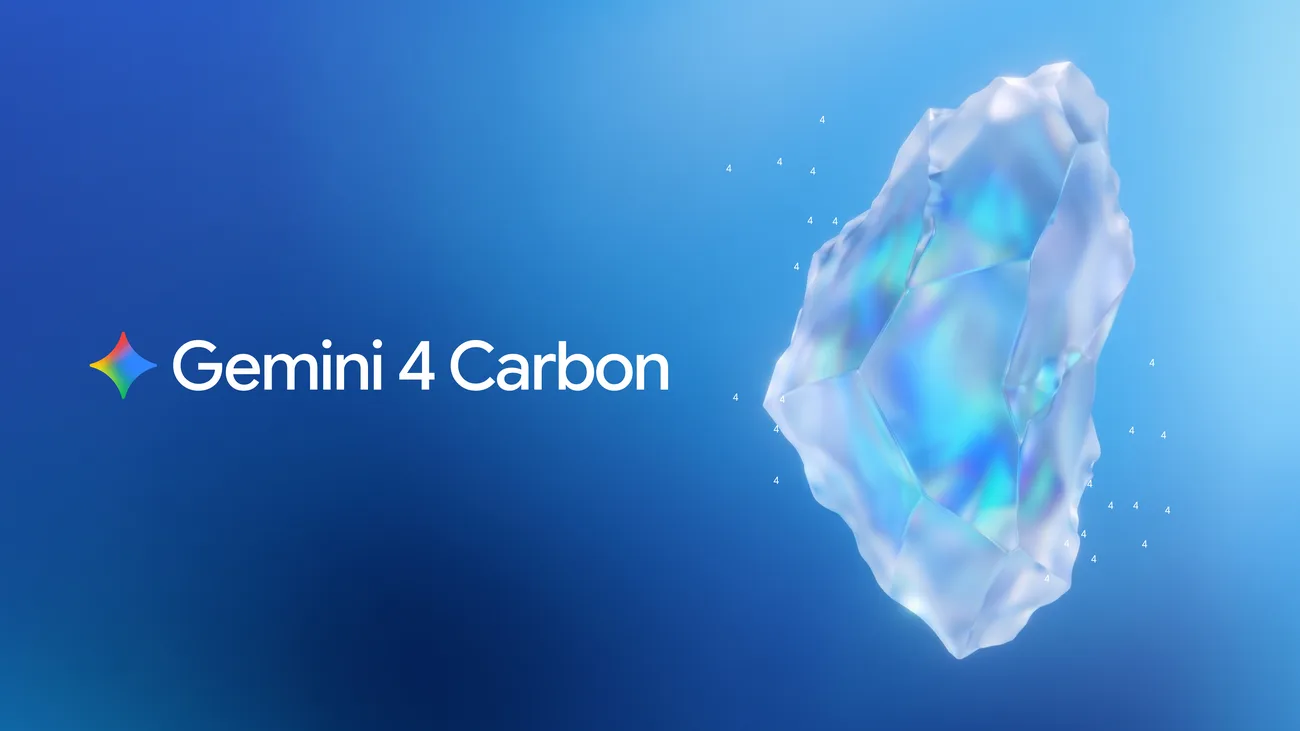 Cristal facetado iridiscente sobre fondo azul con el logotipo de Gemini 4 Carbon de Google